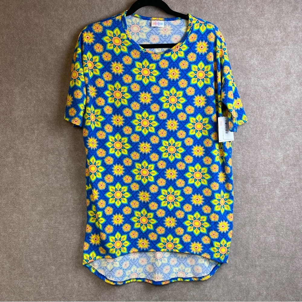 NWT LulaRoe Irma Womens Blouse Size XXS Blue Yellow Orange Sunflower Floral